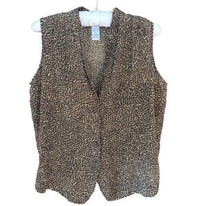 Y2K Silk Leopard Vest Deep V Button Front 90s Minimal Chic Medium